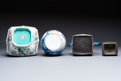 A Chinese famille rose tazza, a blue and white vessel and an enamelled Yixing stoneware teapot, 19th C.