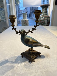 A pair of Chinese cloisonn&eacute; pigeons mounted as candelabras, 19th C.