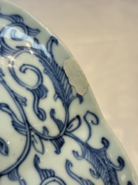 Four Chinese blue, white and famille rose tazzas and a covered spice bowl with bats design, 19th C.