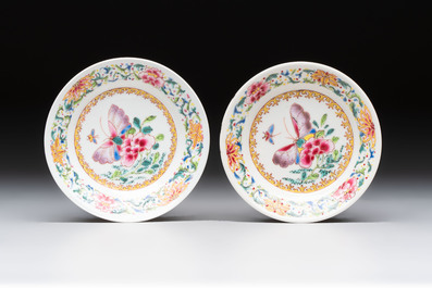 Six sets of Chinese famille rose cups and saucers, Yongzheng/Qianlong
