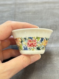 Six sets of Chinese famille rose cups and saucers, Yongzheng/Qianlong