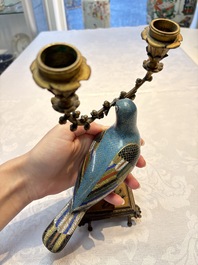 A pair of Chinese cloisonn&eacute; pigeons mounted as candelabras, 19th C.