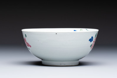 A Chinese famille rose covered ewer, a covered chocolate pot, a bowl and a dish, Qianlong