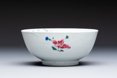 A Chinese famille rose covered ewer, a covered chocolate pot, a bowl and a dish, Qianlong