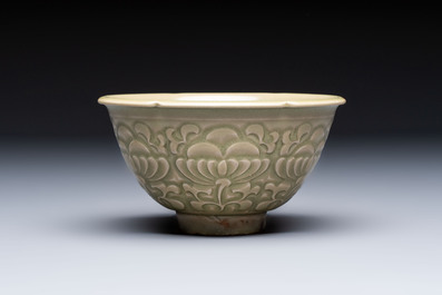 A Chinese carved Yaozhou celadon-glazed bowl with floral design, Jin