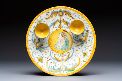 A polychrome Italian maiolica double salt plate, Deruta, 17th C.