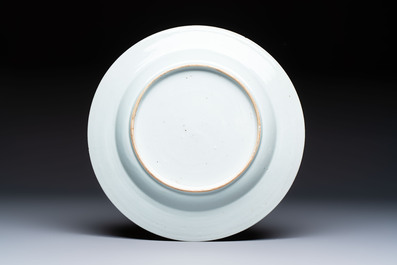 Four Chinese famille rose 'Roosters' plates and a 'Crane' dish, Qianlong