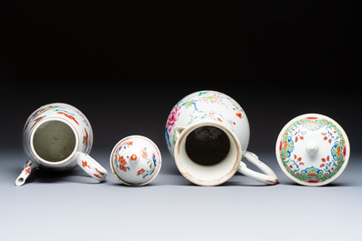 A Chinese famille rose covered ewer, a covered chocolate pot, a bowl and a dish, Qianlong