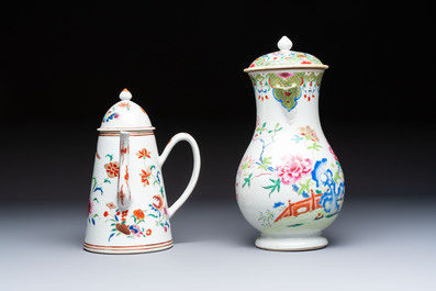 A Chinese famille rose covered ewer, a covered chocolate pot, a bowl and a dish, Qianlong