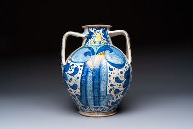An unusual large polychrome Italian maiolica two-handled 'Cupid and Psyche' wet drug jar inscribed 'Rodomel', probably Rome, early 16th C.
