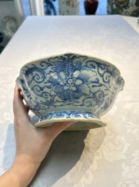 Four Chinese blue, white and famille rose tazzas and a covered spice bowl with bats design, 19th C.