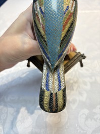 A pair of Chinese cloisonn&eacute; pigeons mounted as candelabras, 19th C.