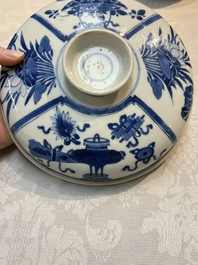A Chinese blue and white 'Antiquities' bowl and cover, Kangxi