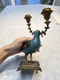 A pair of Chinese cloisonn&eacute; pigeons mounted as candelabras, 19th C.