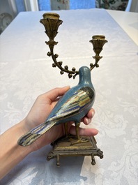 A pair of Chinese cloisonn&eacute; pigeons mounted as candelabras, 19th C.