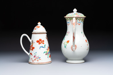 A Chinese famille rose covered ewer, a covered chocolate pot, a bowl and a dish, Qianlong