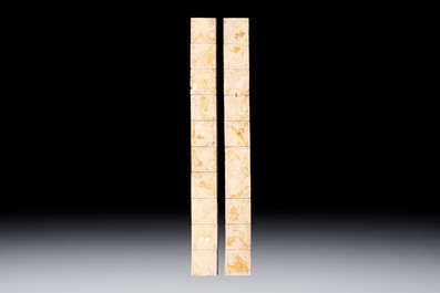 A pair of manganese Dutch Delft 10-piece tile pillars, 18th C.