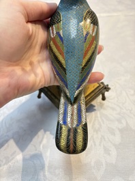 A pair of Chinese cloisonn&eacute; pigeons mounted as candelabras, 19th C.