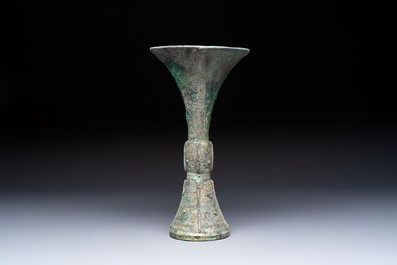 A Chinese archaic bronze wine vessel, Gu 觚, Shang
