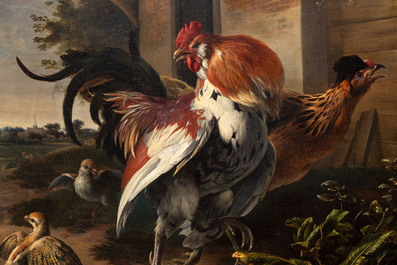 Melchior d'Hondecoeter (1636-1695): 'Poultry Startled by a Spaniel', oil on canvas, signed, 17th C.