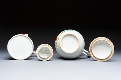 A Chinese famille rose covered ewer, a covered chocolate pot, a bowl and a dish, Qianlong