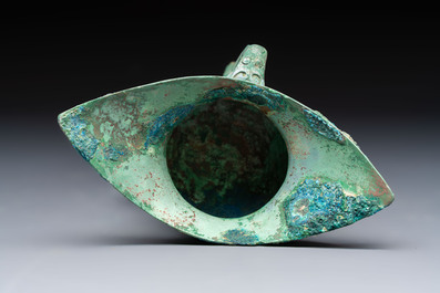 A Chinese archaic bronze wine vessel, Jiao 角, Shang/Zhou
