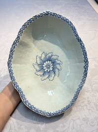 Four Chinese blue, white and famille rose tazzas and a covered spice bowl with bats design, 19th C.