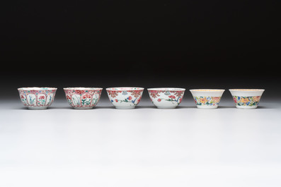 Six sets of Chinese famille rose cups and saucers, Yongzheng/Qianlong