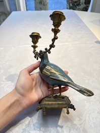 A pair of Chinese cloisonn&eacute; pigeons mounted as candelabras, 19th C.