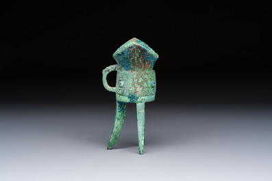 A Chinese archaic bronze wine vessel, Jiao 角, Shang/Zhou