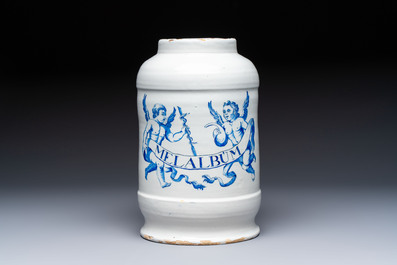 A rare large blue and white Dutch Delft albarello and cover inscribed 'MEL ALBUM', 18th C.