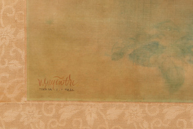 Attributed to Nguyen Gia Tri (1908-1993): 'Bather', ink and watercolour on silk, Tien Sa, dated 1st Jan. 1974