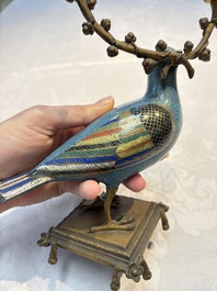 A pair of Chinese cloisonn&eacute; pigeons mounted as candelabras, 19th C.