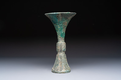 A Chinese archaic bronze wine vessel, Gu 觚, Shang