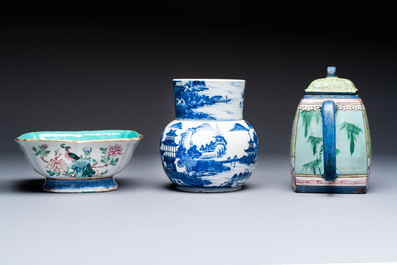 A Chinese famille rose tazza, a blue and white vessel and an enamelled Yixing stoneware teapot, 19th C.
