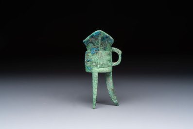 A Chinese archaic bronze wine vessel, Jiao 角, Shang/Zhou