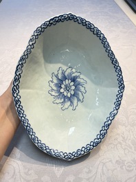 Four Chinese blue, white and famille rose tazzas and a covered spice bowl with bats design, 19th C.