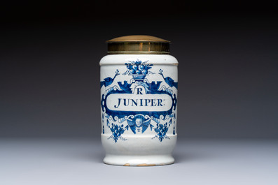 A blue and white Dutch Delft tobacco jar and a drug jar with brass lids, 18th C.