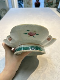 Four Chinese blue, white and famille rose tazzas and a covered spice bowl with bats design, 19th C.