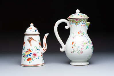 A Chinese famille rose covered ewer, a covered chocolate pot, a bowl and a dish, Qianlong