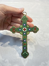 Four Chinese cloisonn&eacute; crucifixes and a holy water font, 19th C.