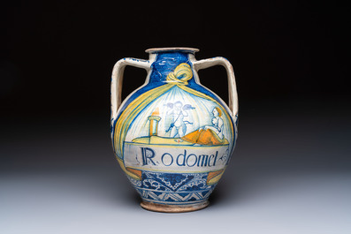 An unusual large polychrome Italian maiolica two-handled 'Cupid and Psyche' wet drug jar inscribed 'Rodomel', probably Rome, early 16th C.