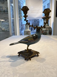 A pair of Chinese cloisonn&eacute; pigeons mounted as candelabras, 19th C.