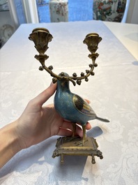 A pair of Chinese cloisonn&eacute; pigeons mounted as candelabras, 19th C.