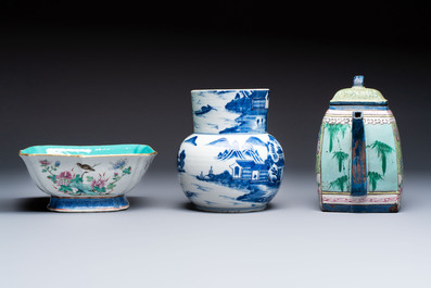 A Chinese famille rose tazza, a blue and white vessel and an enamelled Yixing stoneware teapot, 19th C.