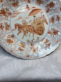 A Chinese iron-red and gilt-decorated dish with a courtly carriage scene, Kangxi