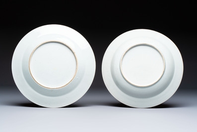 Four Chinese famille rose 'Roosters' plates and a 'Crane' dish, Qianlong