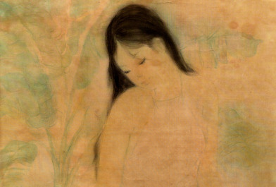 Attributed to Nguyen Gia Tri (1908-1993): 'Bather', ink and watercolour on silk, Tien Sa, dated 1st Jan. 1974