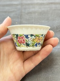 Six sets of Chinese famille rose cups and saucers, Yongzheng/Qianlong