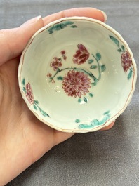 Six sets of Chinese famille rose cups and saucers, Yongzheng/Qianlong